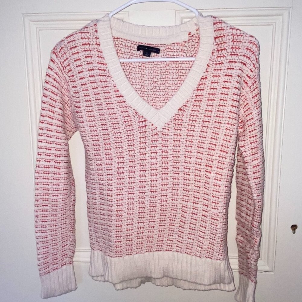Tommy Hilfiger Knit Sweater Textured Cream & Red Knit Sweater